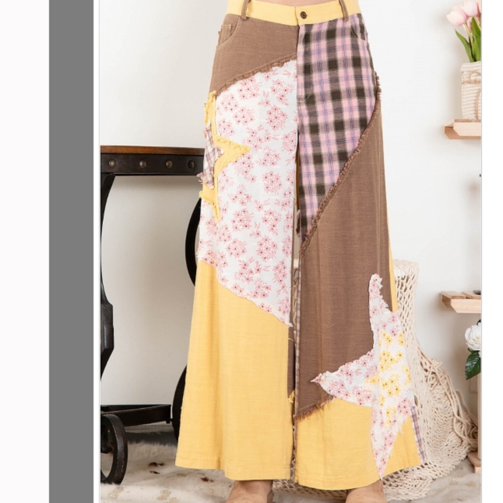 Boho Wide-Leg Patchwork Pants in Yellow and Brown